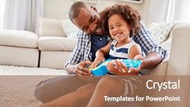  Presentation with ukulele - Amazing presentation design having play - toddler daughter sits dads knee backdrop and a coral colored foreground
