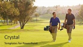  Presentation with carrying school bag - Slide set consisting of play group - two male golfers walking along background and a yellow colored foreground