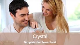  Presentation with smartphone - PPT layouts enhanced with play mobil - cheerful woman showing smartphone background and a coral colored foreground