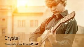  Presentation with music man in suit guitar - Theme enhanced with play on the acoustic guitar background and a yellow colored foreground