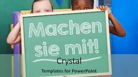  Presentation with german - Beautiful slides featuring play school presentation - two children holding a chalkboard backdrop and a  colored foreground