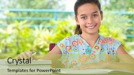  Presentation with homework - Presentation theme with play school presentation - young girl with books doing background and a  colored foreground