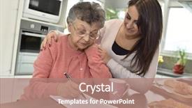  Presentation with elderly home - Beautiful presentation design featuring play therapy - elderly woman doing crossword while backdrop and a coral colored foreground