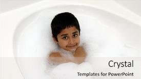  Presentation with bubble - PPT theme enhanced with play therapy child - happy kid enjoying his bubble background and a light gray colored foreground