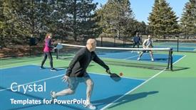  Presentation with pickleball - Slide deck with player-hits-a-backhand background and a teal colored foreground