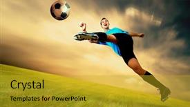  Presentation with astro turf football field - Audience pleasing theme consisting of player on field of olimpic backdrop and a gold colored foreground