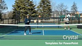  Presentation with pickleball - Presentation design having player-prepares-to-return background and a teal colored foreground