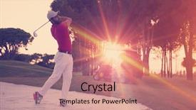  Presentation with flare - Beautiful PPT theme featuring golf player shot ball from sand bunker at course with beautiful sunset with sun flare backdrop and a coral colored foreground