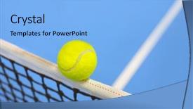  Presentation with tennis ball in the corner - Cool new slide deck with players competing courts - tennis ball hitting the net backdrop and a light blue colored foreground