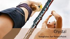  Presentation with beach volleyball - Presentation with players trying to block a dangerous attack in a beach volleyball game background and a coral colored foreground