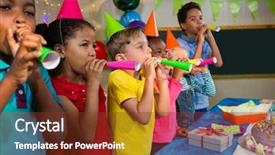  Presentation with party - Colorful slides enhanced with playful kids blowing party horns backdrop and a tawny brown colored foreground