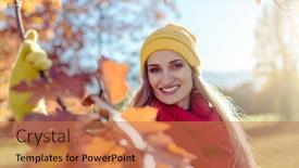  Presentation with autumn - PPT theme having playful-woman-in-autumn-looking background and a coral colored foreground