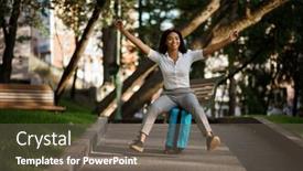  Presentation with suitcase - Audience pleasing PPT layouts consisting of playful-woman-riding-on-suitcase backdrop and a violet colored foreground
