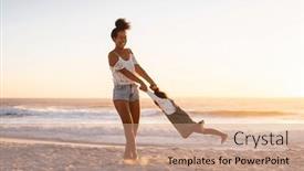  Presentation with tropical beach sunset - PPT theme featuring playful-young-mother-with-laughing background and a coral colored foreground
