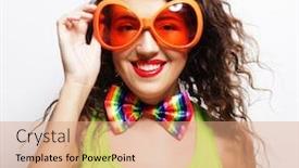  Presentation with party - Colorful PPT layouts enhanced with playful young woman with party glasses backdrop and a coral colored foreground