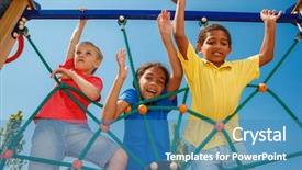  Presentation with playground - Slide set consisting of playground - three friends climbing the net background and a teal colored foreground