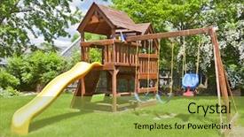  Presentation with green and wood - PPT theme featuring playground slide - back yard wooden swing set background and a yellow colored foreground
