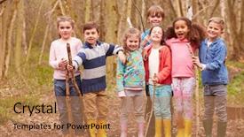  Presentation with children playing - PPT layouts enhanced with playing adventure game in forest background and a coral colored foreground