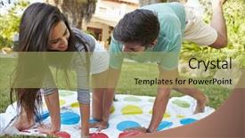  Presentation with family playing board game - Presentation theme featuring playing balancing game in garden background and a yellow colored foreground