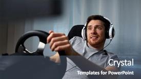 Presentation with young happy people smiling - Cool new theme with playing car racing video game backdrop and a gray colored foreground