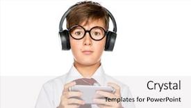  Presentation with family playing board game - Colorful presentation theme enhanced with playing computer game headphones gadget backdrop and a sky blue colored foreground