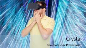  Presentation with virtual reality physical therapy - PPT theme having playing game over spiral neon background and a  colored foreground