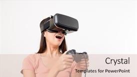  Presentation with virtual reality - Colorful PPT theme enhanced with playing game with virtual reality backdrop and a  colored foreground