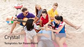  Presentation with happy music lovers - PPT layouts with playing guitar on beach drinking background and a lemonade colored foreground
