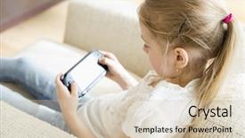  Presentation with video game - Beautiful PPT theme featuring playing hand-held video game backdrop and a soft green colored foreground