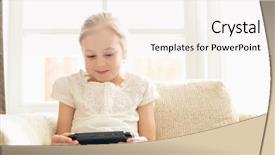  Presentation with video game - Cool new PPT theme with playing hand-held video game backdrop and a sky blue colored foreground