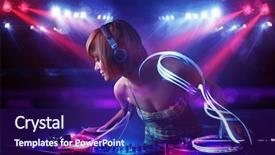  Presentation with pretty girl - Amazing slide set having playing music with light beam backdrop and a navy blue colored foreground