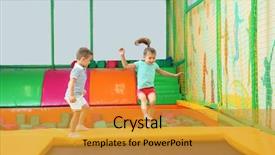  Presentation with children playing - Slide set consisting of playing on trampoline in entertainment background and a gold colored foreground