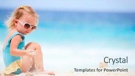  Presentation with hipster girl playing tetris game - PPT theme having playing on white sand beach background and a sky blue colored foreground