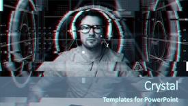  Presentation with virtual keyboard - Slides having technology cyberspace programming and people concept - hacker man in headset and eyeglasses with pc computer keyboard over virtual projections over glitch effect background and a ocean colored foreground