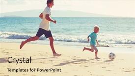  Presentation with catholic father son hoyly spirit - Slide set with playing soccer on the beach background and a lemonade colored foreground