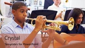  Presentation with trumpet - Presentation design enhanced with playing trumpet in high school background and a red colored foreground