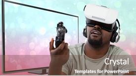  Presentation with virtual reality - Slide deck with playing video game against blue background and a tawny brown colored foreground