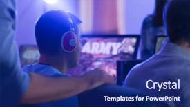  Presentation with video games playing - Presentation theme consisting of playing video games at tournament background and a navy blue colored foreground