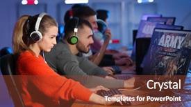  Presentation with video games playing - Amazing PPT theme having playing video games at tournament backdrop and a tawny brown colored foreground