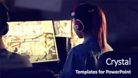  Presentation with video games playing - Beautiful PPT theme featuring playing video games at tournament backdrop and a navy blue colored foreground