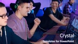  Presentation with video game 3d play games - PPT theme with playing video games at tournament background and a navy blue colored foreground