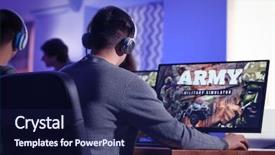  Presentation with video games playing - Audience pleasing PPT layouts consisting of playing video games at tournament backdrop and a navy blue colored foreground