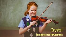 Presentation with hipster girl playing tetris game - Beautiful PPT theme featuring playing violin in the classroom backdrop and a  colored foreground