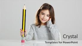  Presentation with desk - Presentation theme having portrait of a happy woman in glasses sitting at the table with book and looking at camera at home background and a gray colored foreground