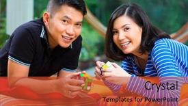  Presentation with young man and a woman - Slides having playing with a magic cube background and a red colored foreground