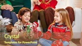  Presentation with group of children in christmas - Colorful slides enhanced with playing with gifts at christmas backdrop and a coral colored foreground