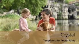  Presentation with golden woman - PPT theme with playing with golden retriever dog background and a coral colored foreground