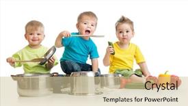  Presentation with cooking kids - Amazing PPT layouts having playing with pans and food backdrop and a soft green colored foreground