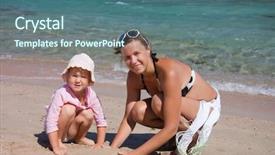  Presentation with dental mother and child - Theme enhanced with playing with sand on beach background and a ocean colored foreground