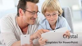  Presentation with kids playing - Presentation design consisting of kids glasses - father and son playing background and a coral colored foreground